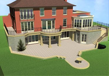Design view of 3D model for re-modelling and house extension of a large home, Epsom.