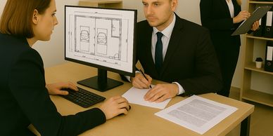 Architect and client discussing a building blueprint in an office meeting.