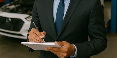 Businessman in a suit inspecting a car and taking notes.