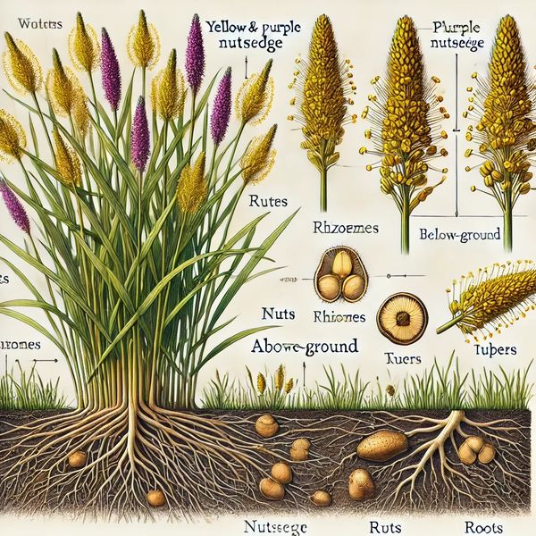 Purple and yellow nutsedge above and below ground. Makes it easy to see why its so hard to control