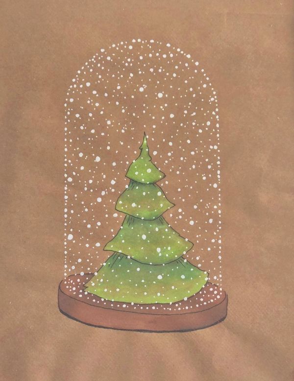watercolor painting of a Xmas tress in a snow globe on a kraft brown background