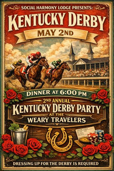 Vintage-style poster for Kentucky Derby party on May 2nd with horse racing and dinner details.
