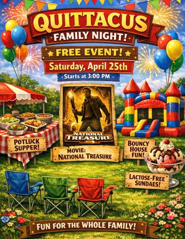 Family night event with movie, food, bouncy house, and sundaes.