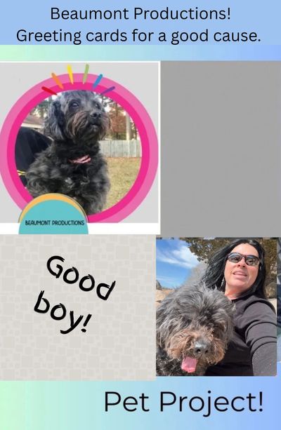 Collage promoting Beaumont Productions' pet greeting cards for charity.