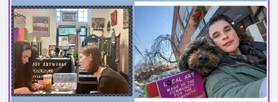 Two photos: one shows people creating art, the other a woman with her dog and local art sign.