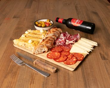 Antipesto Platter - cured meats, chorizo, Spanish torilla, olives, cheese. Ft Estrella beer