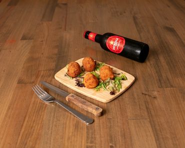 Croquettes - 4x jamon, chorizo, and three cheeses. Ft Estrella beer.