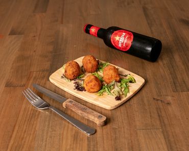 Croquettes - 4x jamon, chorizo, and three cheeses. Ft Estrella beer.