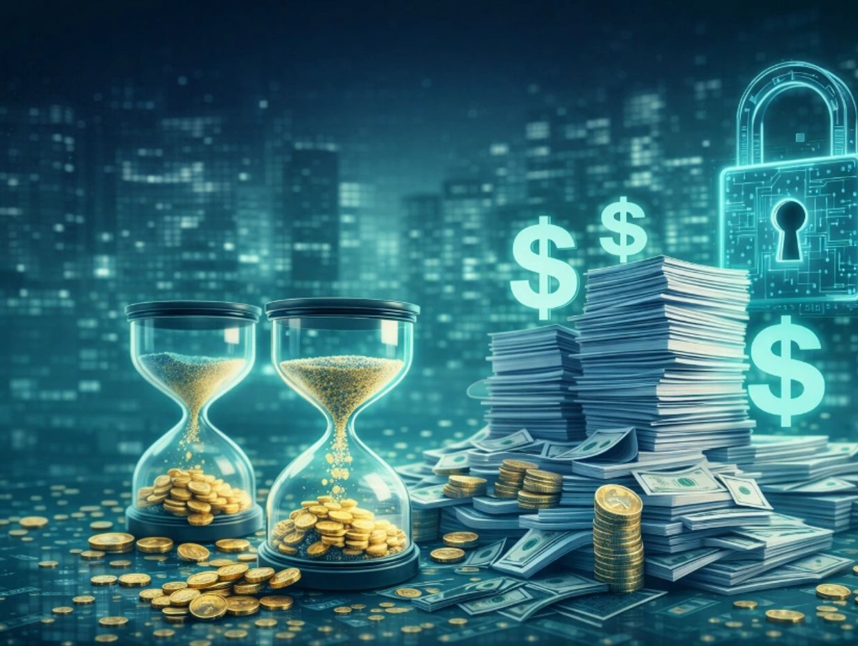 Stacks of money and hourglasses filled with coins symbolizing time and financial security.