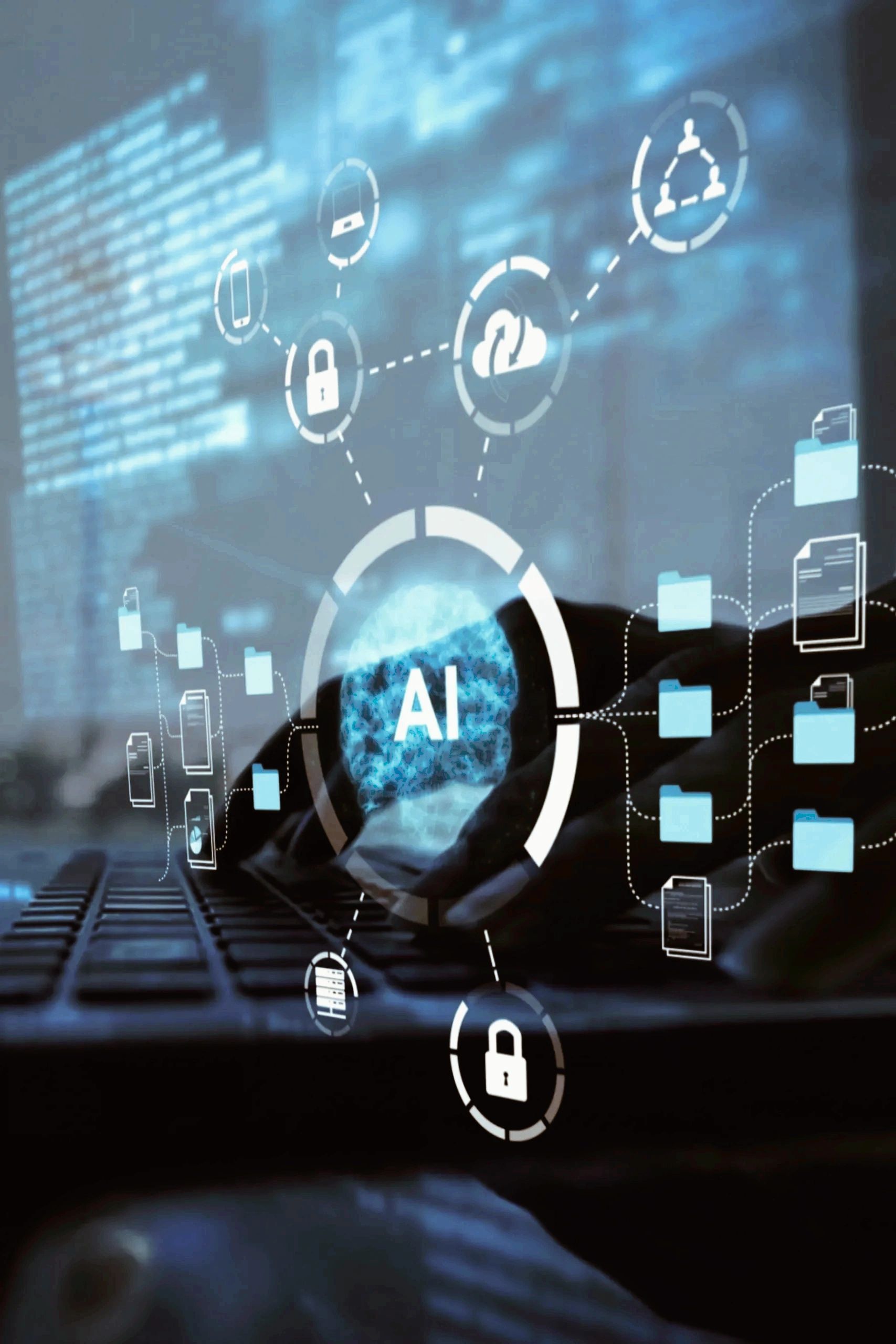 Digital AI interface over a laptop keyboard with security icons and data folders articulating AI risk strategy, risk culture, governance and alignment with leadership. 
