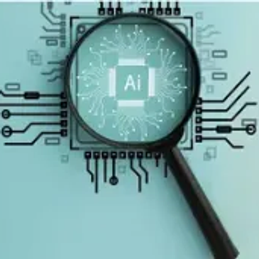 Magnifying glass focusing on AI chip circuitry.