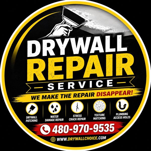 Bold circular logo for drywall repair service with contact details and services.