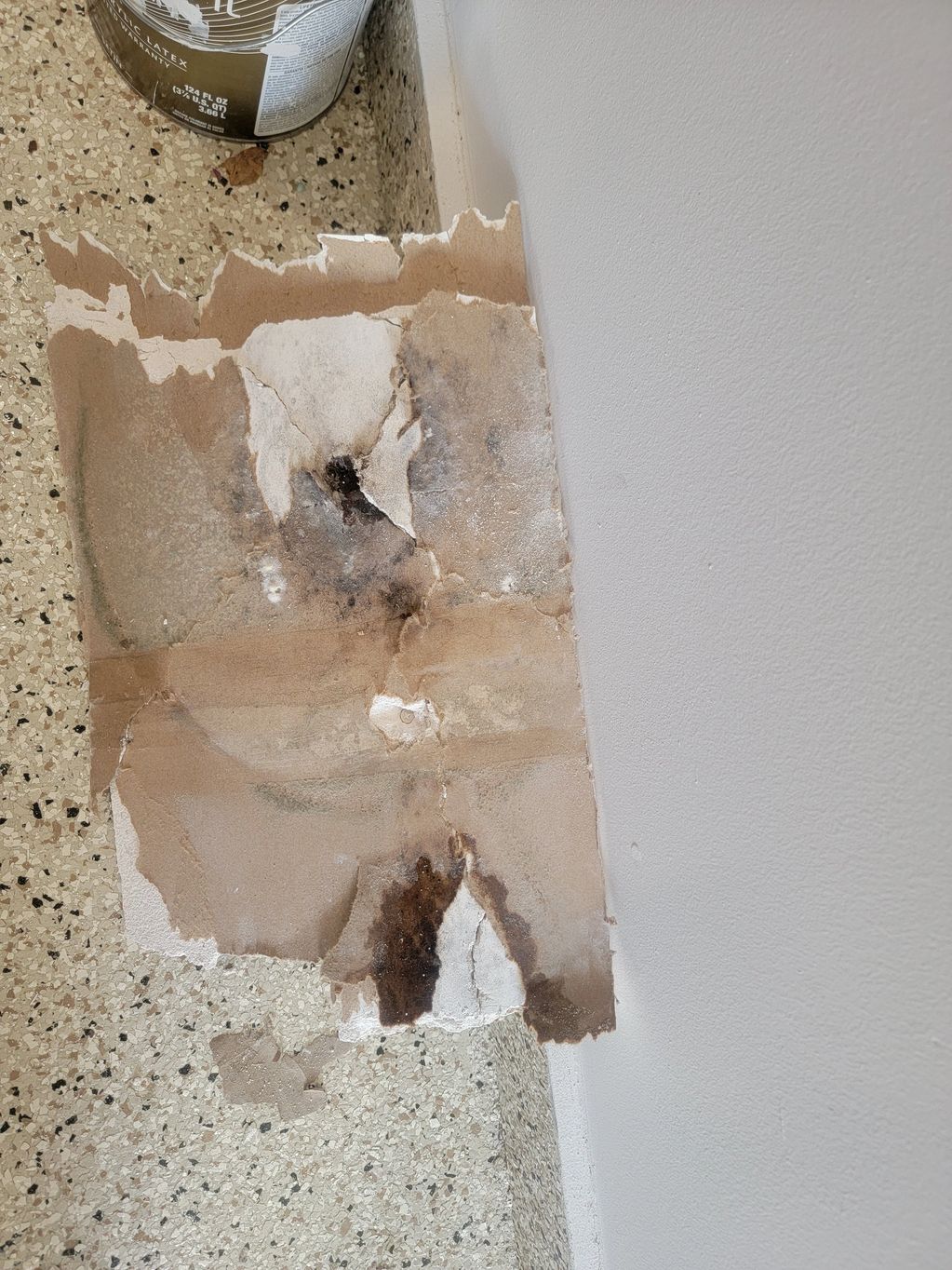 A piece of torn, stained drywall or plaster on a terrazzo floor near a white wall.