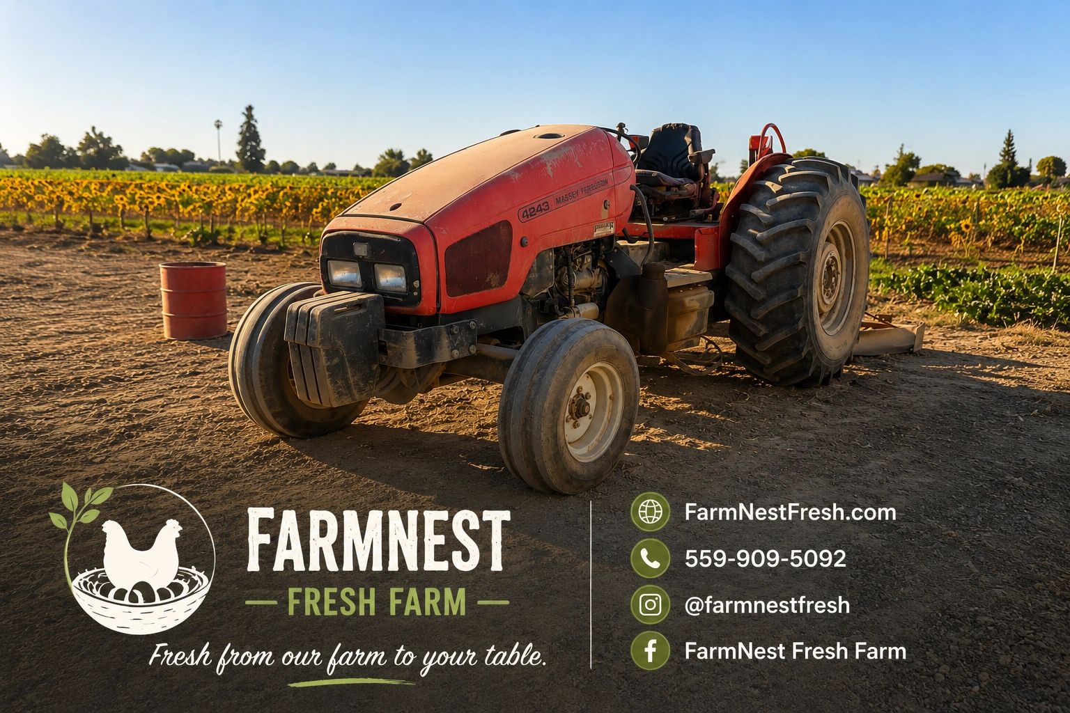 Red tractor on a farm field with FarmNest Fresh Farm logo and contact info.