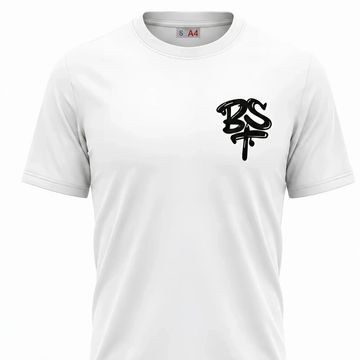 White t-shirt with BTS logo on chest.