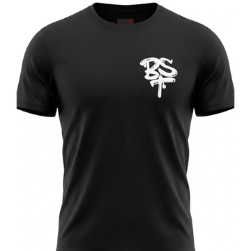 Black T-shirt with white BST logo on chest.