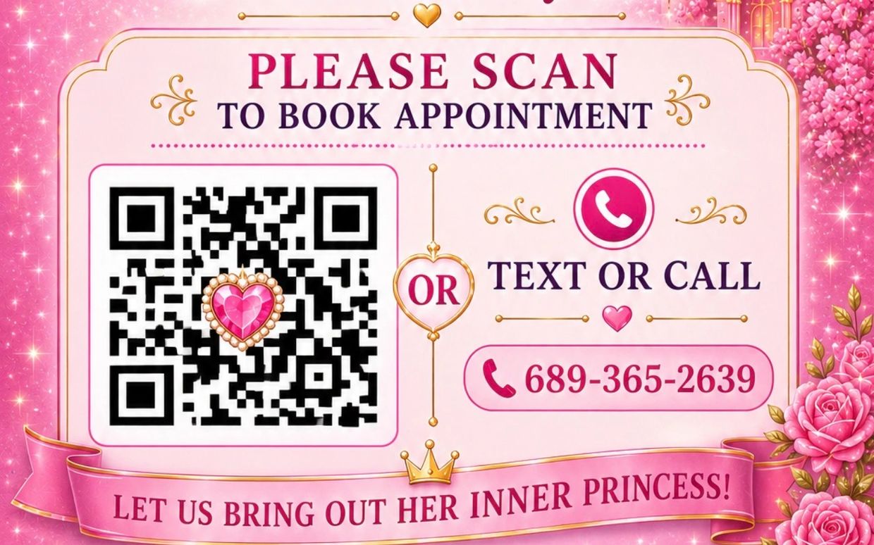 Pink-themed appointment booking sign with QR code and phone number.