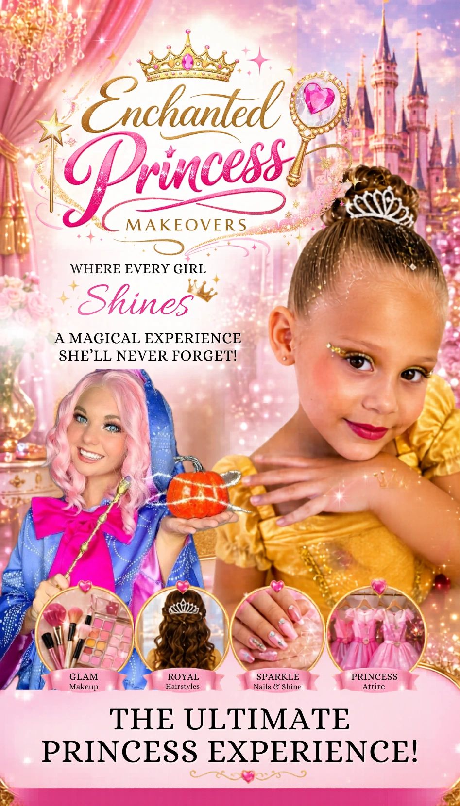 Magical princess makeover experience for every girl with glam makeup, royal hairstyles, sparkling nails, and princess attire.