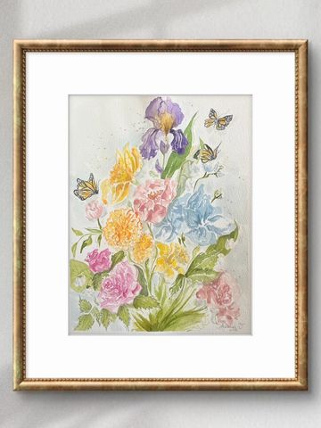Watercolor painting of colorful flowers with butterflies in a gold frame.