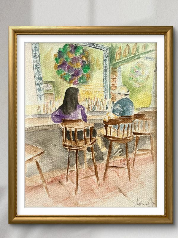 Watercolor painting of two people sitting at a bar counter with a colorful wreath on the wall.