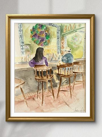 Watercolor painting of two people sitting at a bar with colorful decor.
