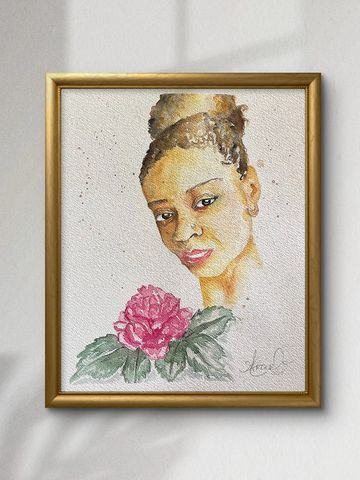 Framed watercolor portrait of a woman with a pink flower beneath her.