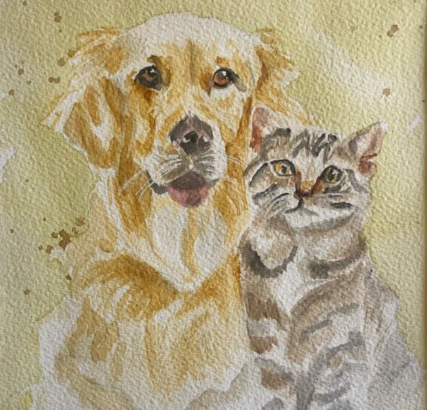 Watercolor painting of a golden retriever and a tabby cat side by side.