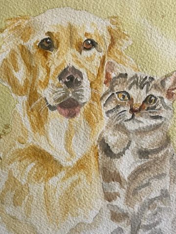 Watercolor painting of a dog and a cat side by side.