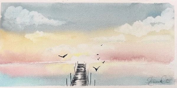 A serene pier extends into a calm, pastel-colored sky with birds flying overhead.