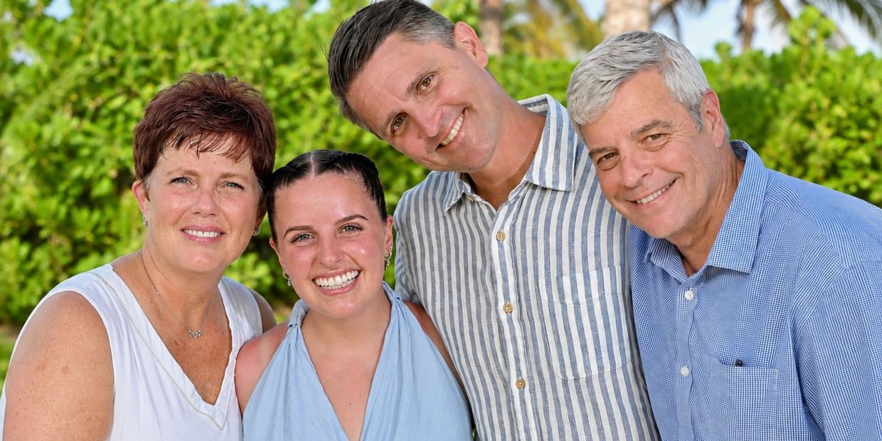 Smiling family of four posing outdoors.