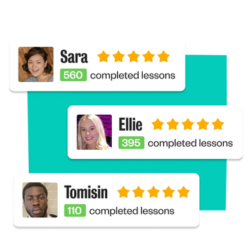 Three users with completed lesson counts and five-star ratings.
