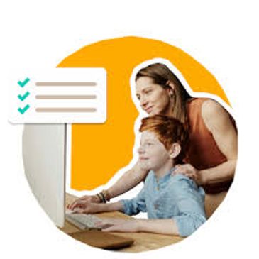 Mother helps son with computer tasks, showing checklists on screen.