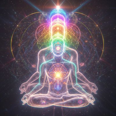Two glowing meditative figures with vibrant energy patterns and chakras.