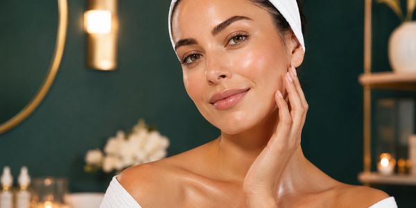 Woman with glowing skin and a white headband smiling gently.