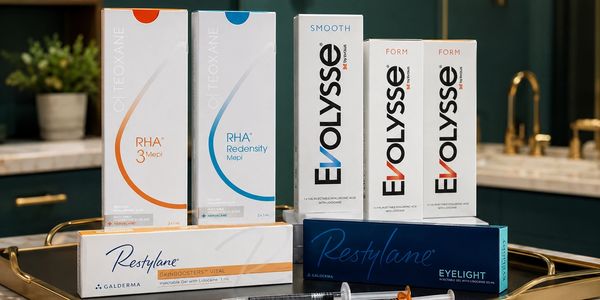 Various skincare product boxes displayed on a reflective surface in a kitchen.