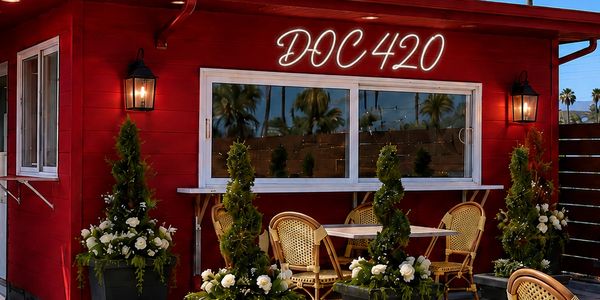 Charming red outdoor cafe with white flowers and wicker chairs under 'DOC 420' sign.