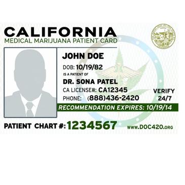 Sample California medical marijuana patient card with personal and doctor info.