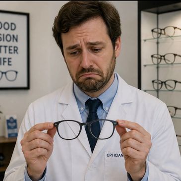 Optician looking disappointed while holding a pair of eyeglasses.