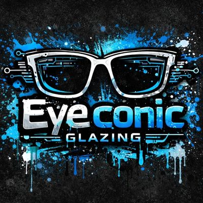 Logo of Eyeconic Glazing with glasses and blue paint splashes.