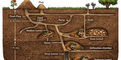 Cross-section of a badger sett with labeled tunnels and chambers.