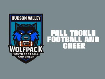 Hudson Valley Wolfpack youth football and cheer logo with fall tackle football and cheer text.