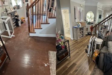 Side-by-side before and after images of a renovated hardwood floor in a living room.