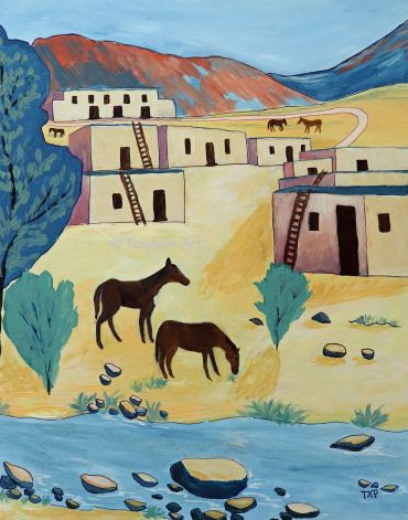 Painting of a desert village with adobe houses and horses near a river.