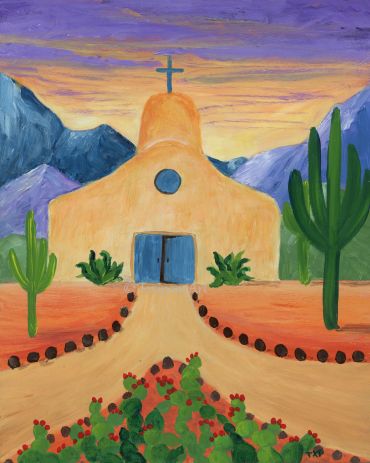 Colorful desert church with cacti and a sunset sky.