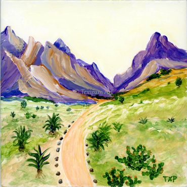 Painting of a mountain landscape with a winding dirt path and green vegetation.