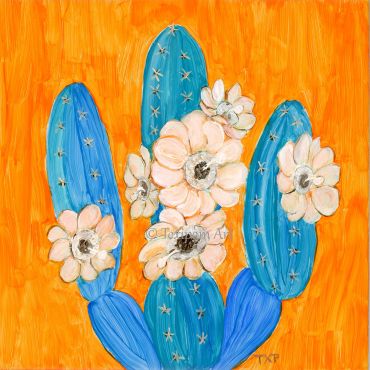 Blue cactus with white flowers against a vibrant orange background.