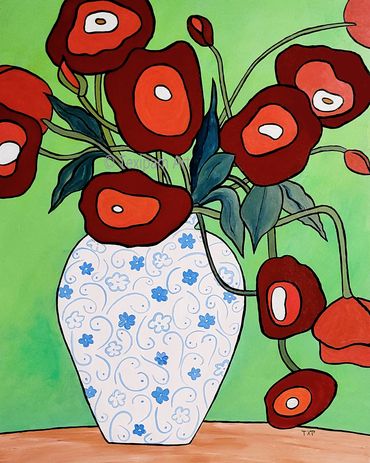 Stylized red flowers in a patterned white vase against a green background.