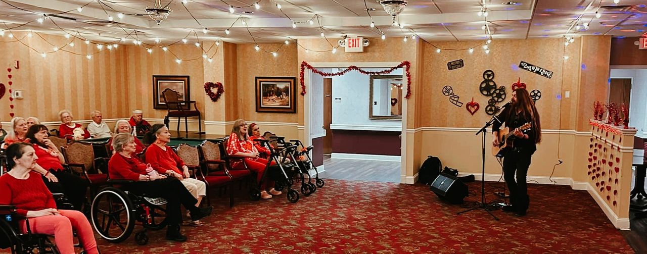 Pat Arnold performing at Laurelwood Assisted Living on Valentine's Day
