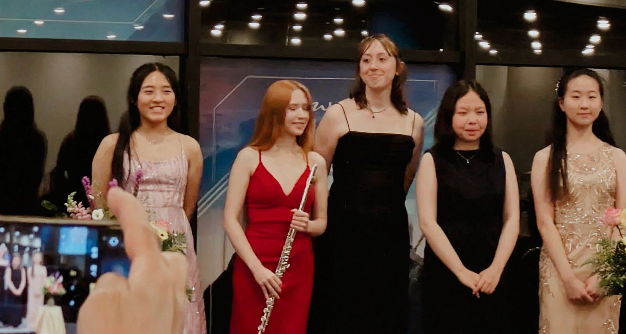 Pictured (left to right): Kaitlyn Liu (flutist), Eva Skanse (flutist), Eileen Currie (violinist), Francesca Harper (pianist), Cynthia Li (pianist)