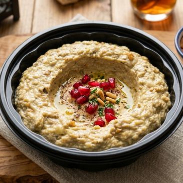 Creamy hummus garnished with pomegranate seeds and pine nuts.